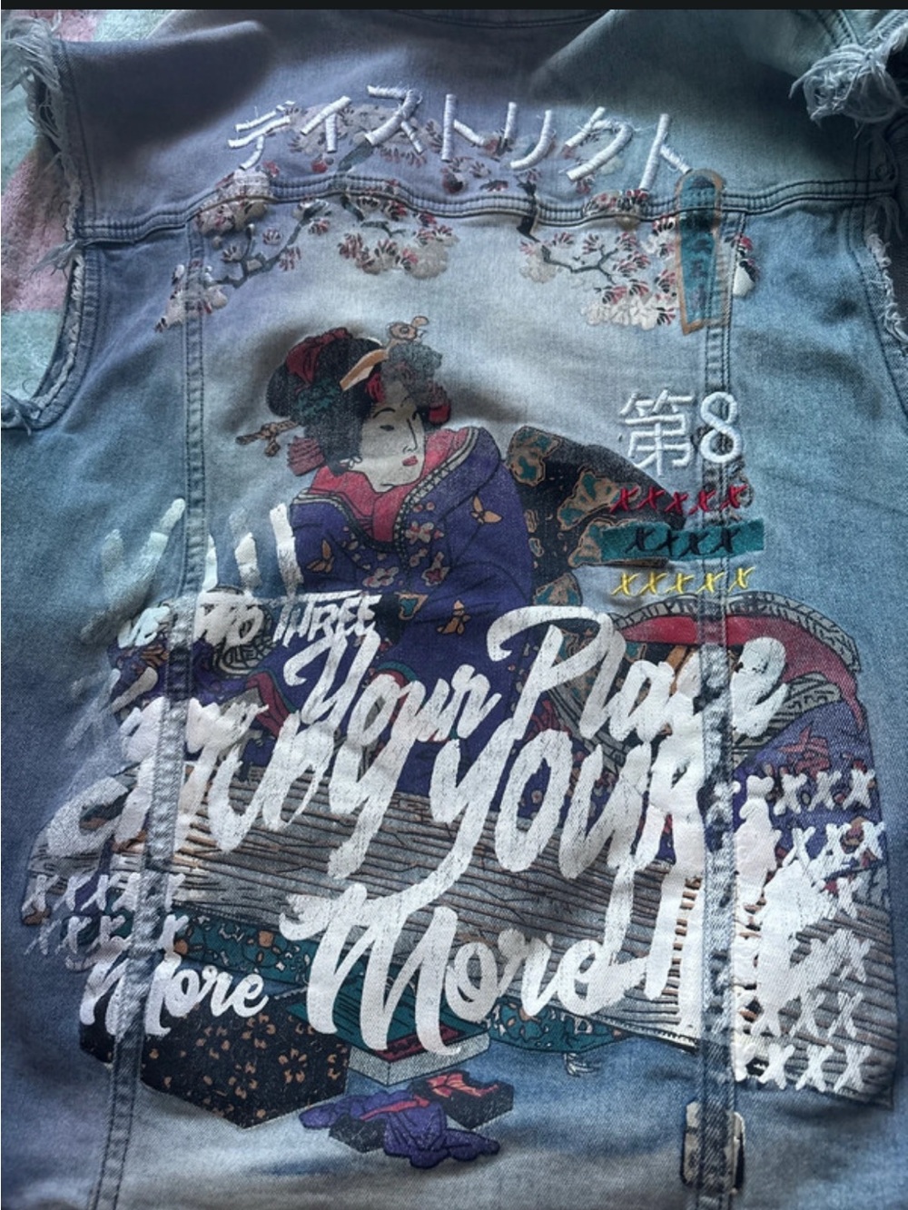 Embellished Light Blue Denim Jean Vest with Japanese-Inspired Print